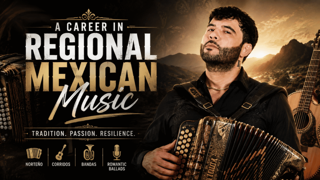 Regional Mexican music career featuring a singer playing accordion against a scenic mountain backdrop with traditional instruments.
