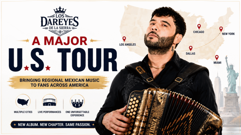 Jose Darey Castro on a major U.S. tour, playing accordion with Los Dareyes de la Sierra against a light U.S. map background.