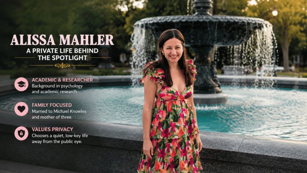 Alissa Mahler standing alone in front of a fountain, with a feature graphic highlighting her private life, academic background, and family.