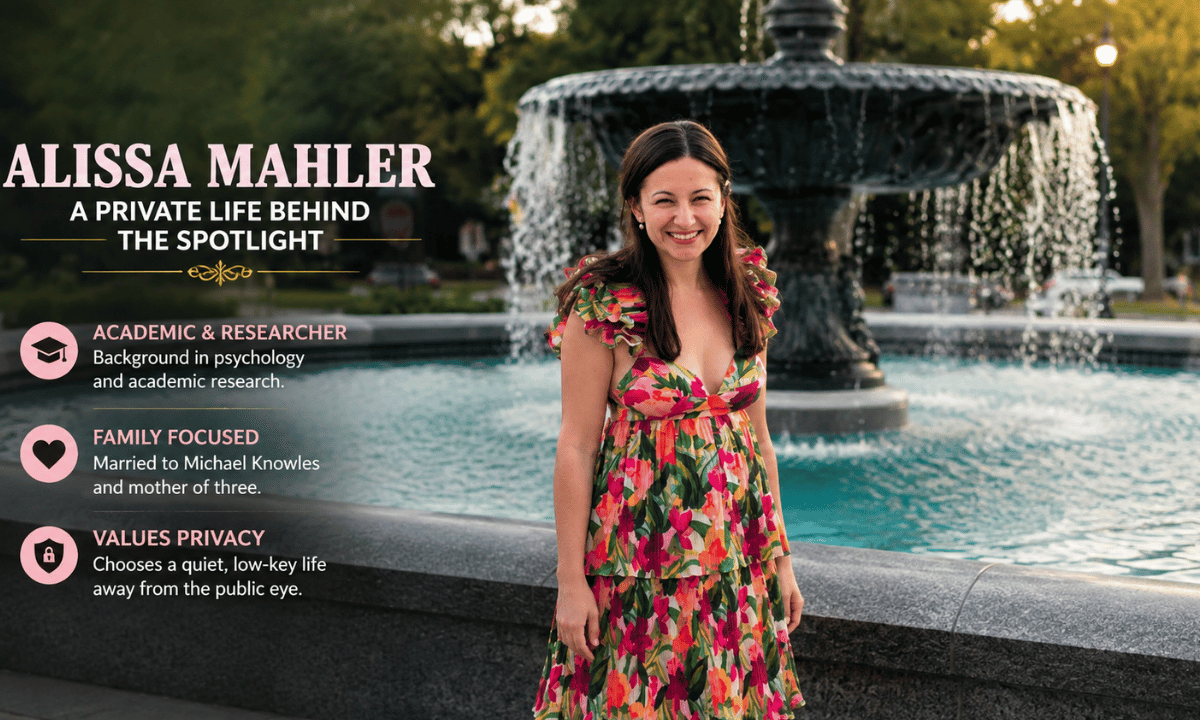 Alissa Mahler standing alone in front of a fountain, with a feature graphic highlighting her private life, academic background, and family.