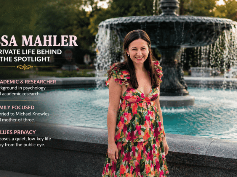 Alissa Mahler standing alone in front of a fountain, with a feature graphic highlighting her private life, academic background, and family.