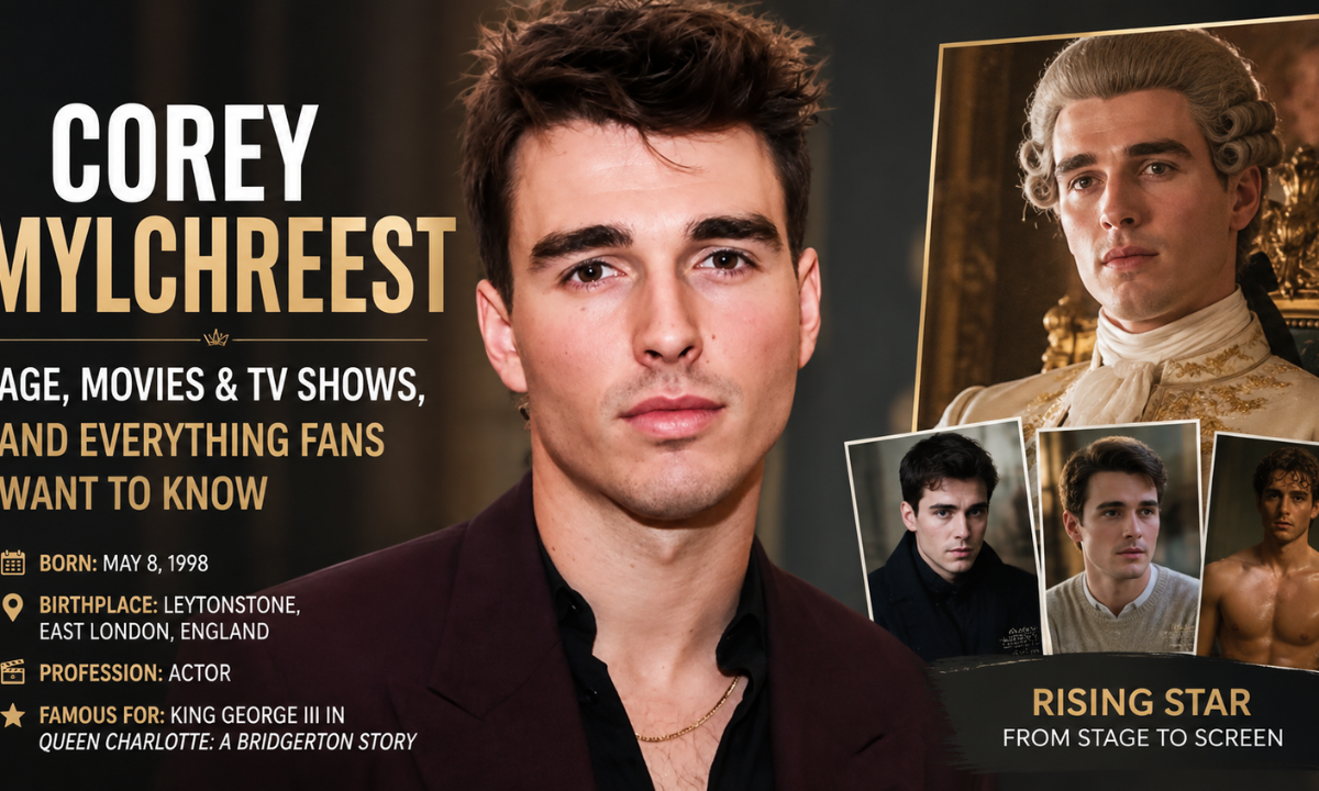 Corey Mylchreest feature image highlighting his age, movies, TV shows, biography, and career as the Queen Charlotte star.