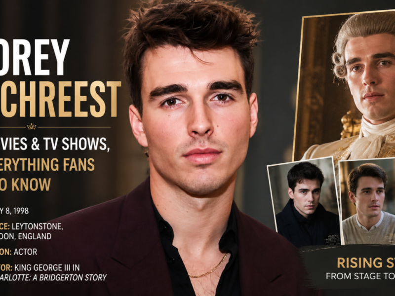 Corey Mylchreest feature image highlighting his age, movies, TV shows, biography, and career as the Queen Charlotte star.