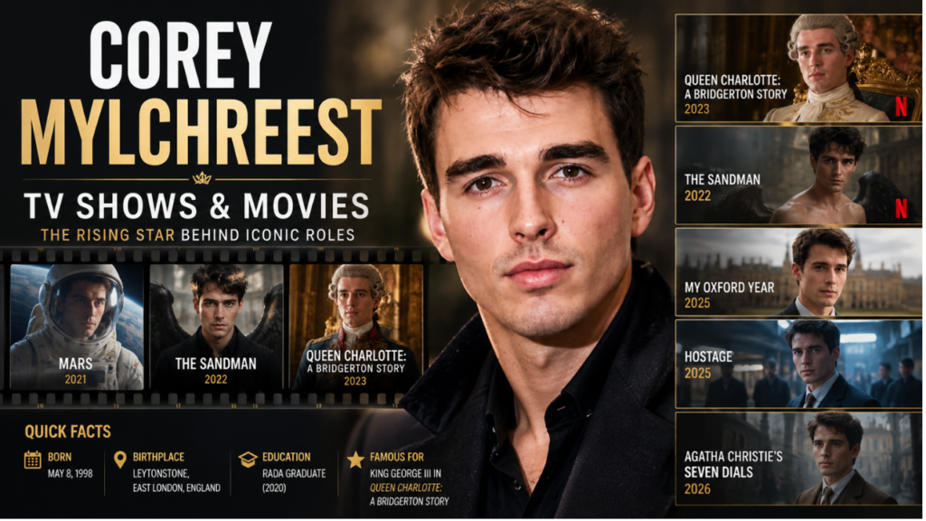 Corey Mylchreest TV shows and movies feature image highlighting his filmography, including Queen Charlotte, The Sandman, and My Oxford Year.