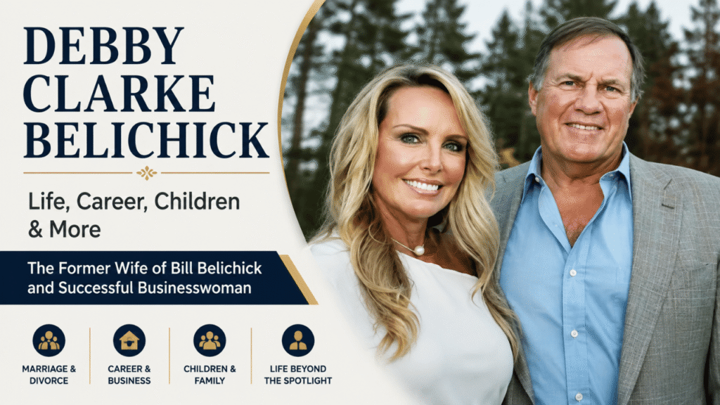 Feature image about Debby Clarke Belichick, highlighting her life, career, children, marriage to Bill Belichick, and life beyond the public spotlight.