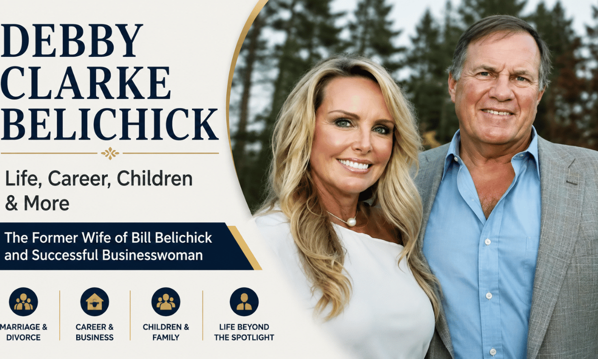 Feature image about Debby Clarke Belichick, highlighting her life, career, children, marriage to Bill Belichick, and life beyond the public spotlight.