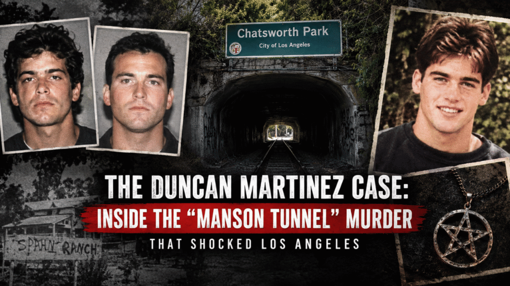 The Duncan Martinez case featuring a Chatsworth Park tunnel, suspect portraits, and imagery connected to the Manson Tunnel murder.