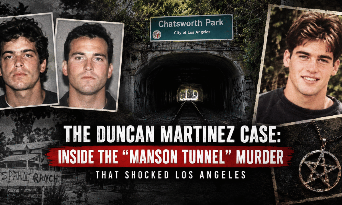 The Duncan Martinez case featuring a Chatsworth Park tunnel, suspect portraits, and imagery connected to the Manson Tunnel murder.