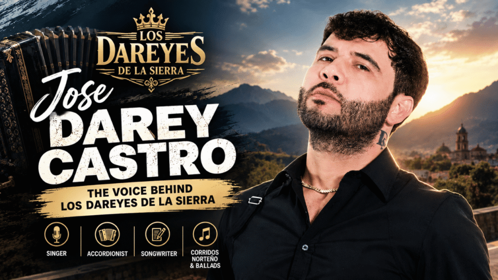 Jose Darey Castro, lead singer and accordionist of Los Dareyes de la Sierra, featured in a cinematic regional Mexican music banner.