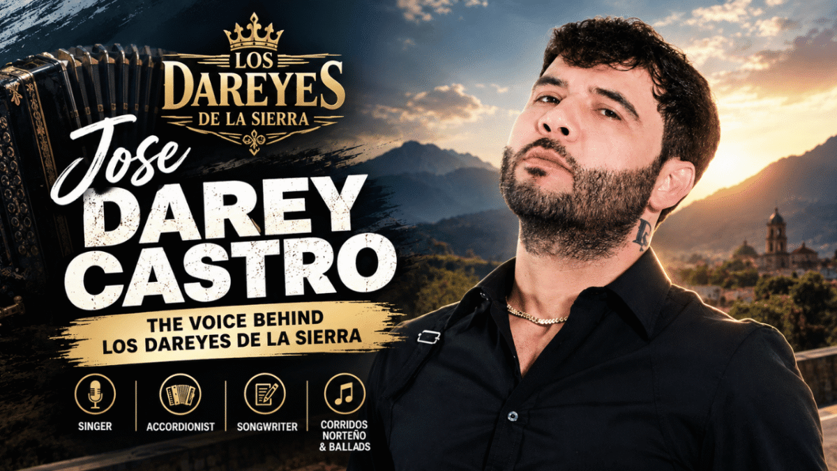 Jose Darey Castro, lead singer and accordionist of Los Dareyes de la Sierra, featured in a cinematic regional Mexican music banner.