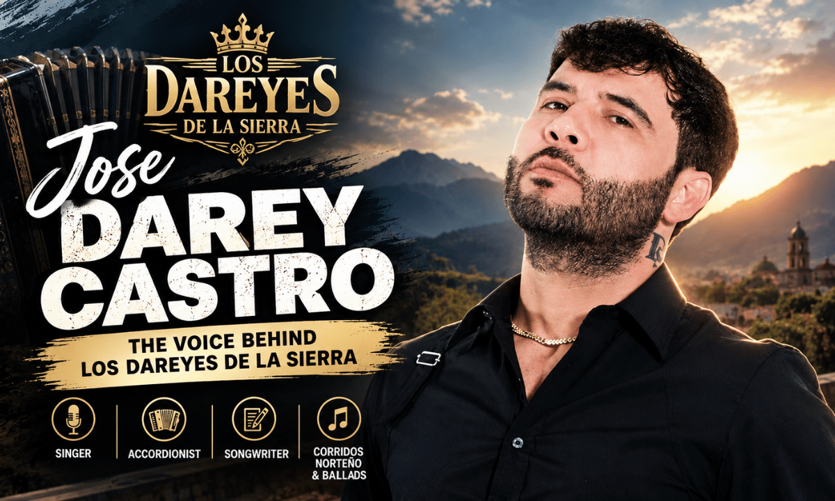 Jose Darey Castro, lead singer and accordionist of Los Dareyes de la Sierra, featured in a cinematic regional Mexican music banner.