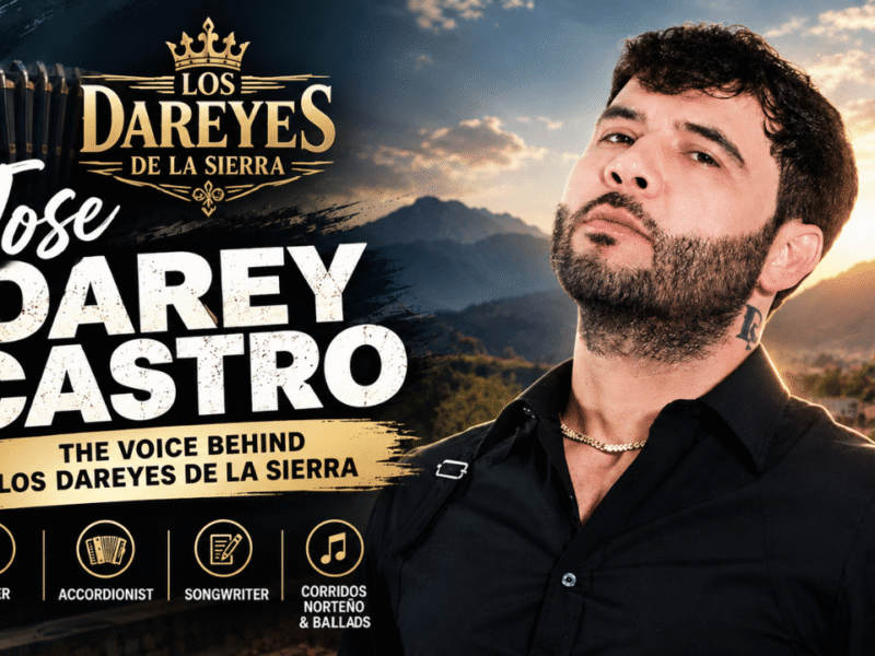 Jose Darey Castro, lead singer and accordionist of Los Dareyes de la Sierra, featured in a cinematic regional Mexican music banner.