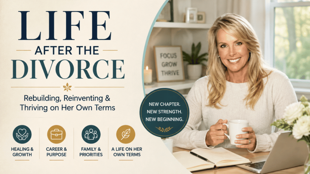 Feature image illustrating life after divorce, with a woman starting a new chapter focused on personal growth, career, family, and independence.