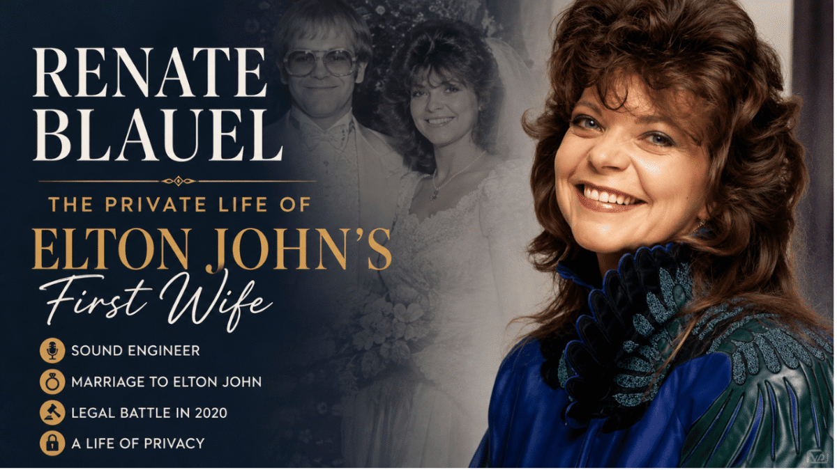Renate Blauel portrait with text about Elton John’s first wife, her music career, marriage, and private life.