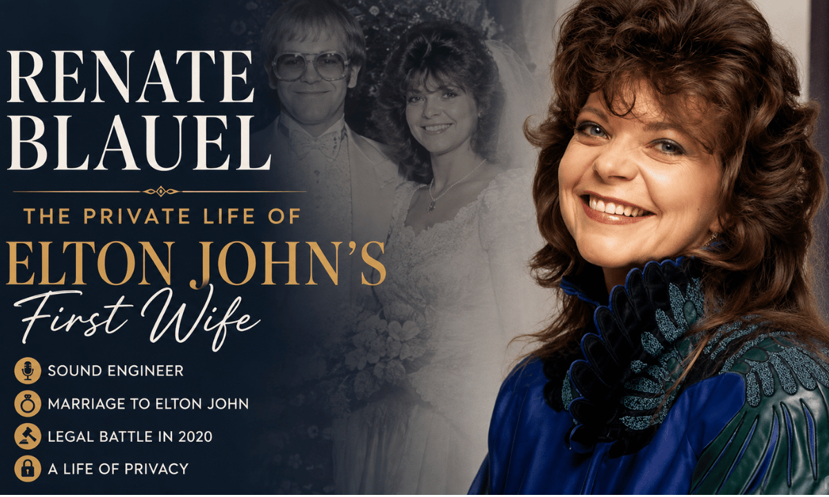 Renate Blauel portrait with text about Elton John’s first wife, her music career, marriage, and private life.