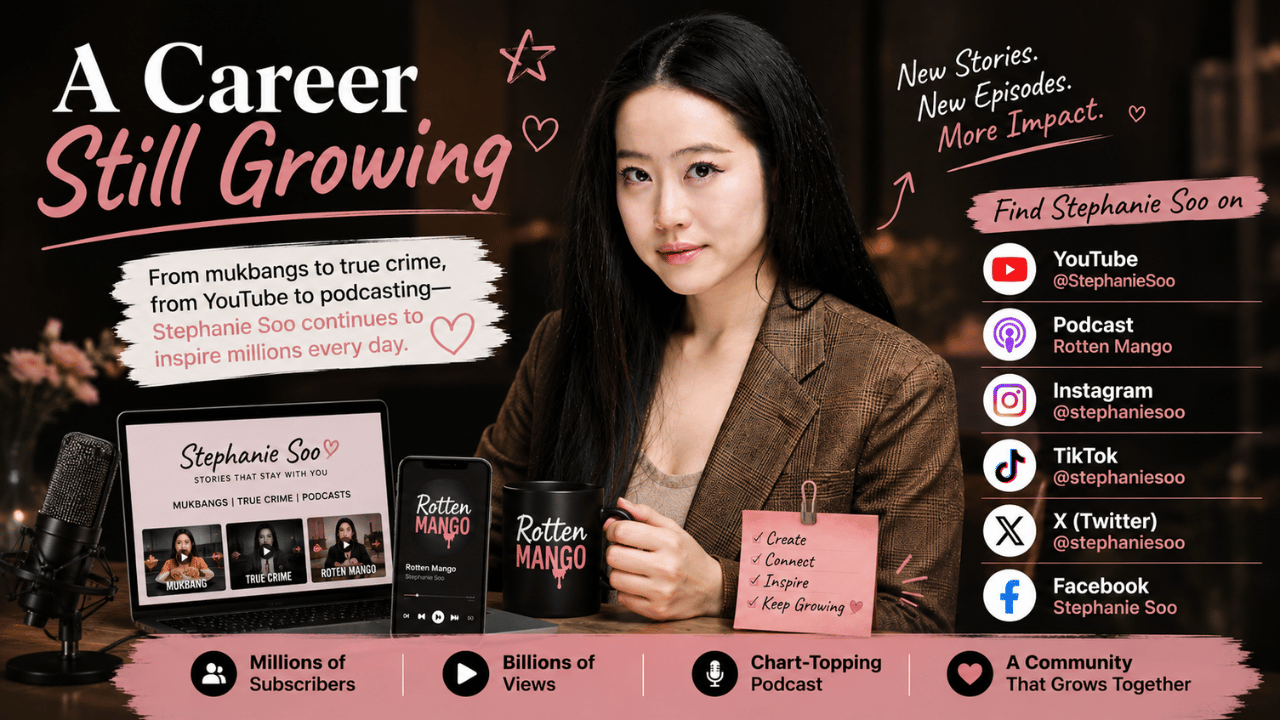 Stephanie Soo’s growing career across YouTube, Rotten Mango podcast, Instagram, TikTok, X, and Facebook.